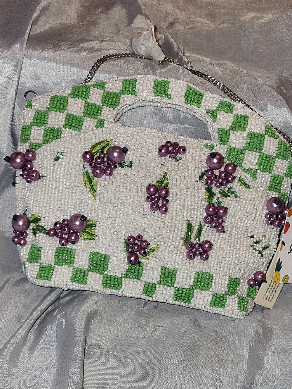 Handcrafted In India Beaded White & Green Clutch Purple Berry  Embellishments